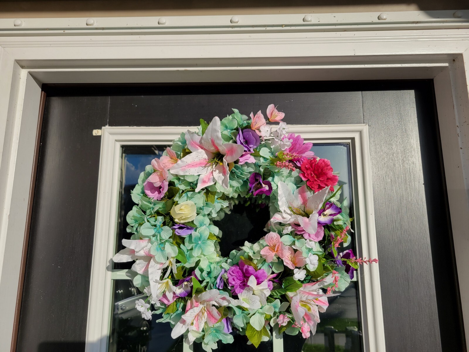 FLORAL one of a kind WREATH flowers Decor Front Door 16″ new green white pink