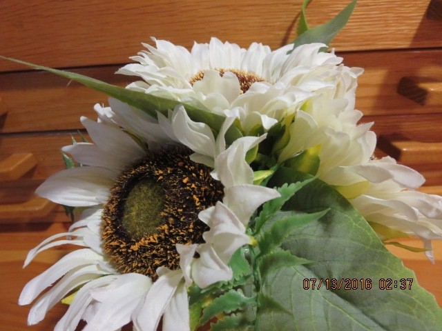 WHITE SUNFLOWER ARRANGEMENT IN CERAMIC YELLOW PITCHER–#T39A-5