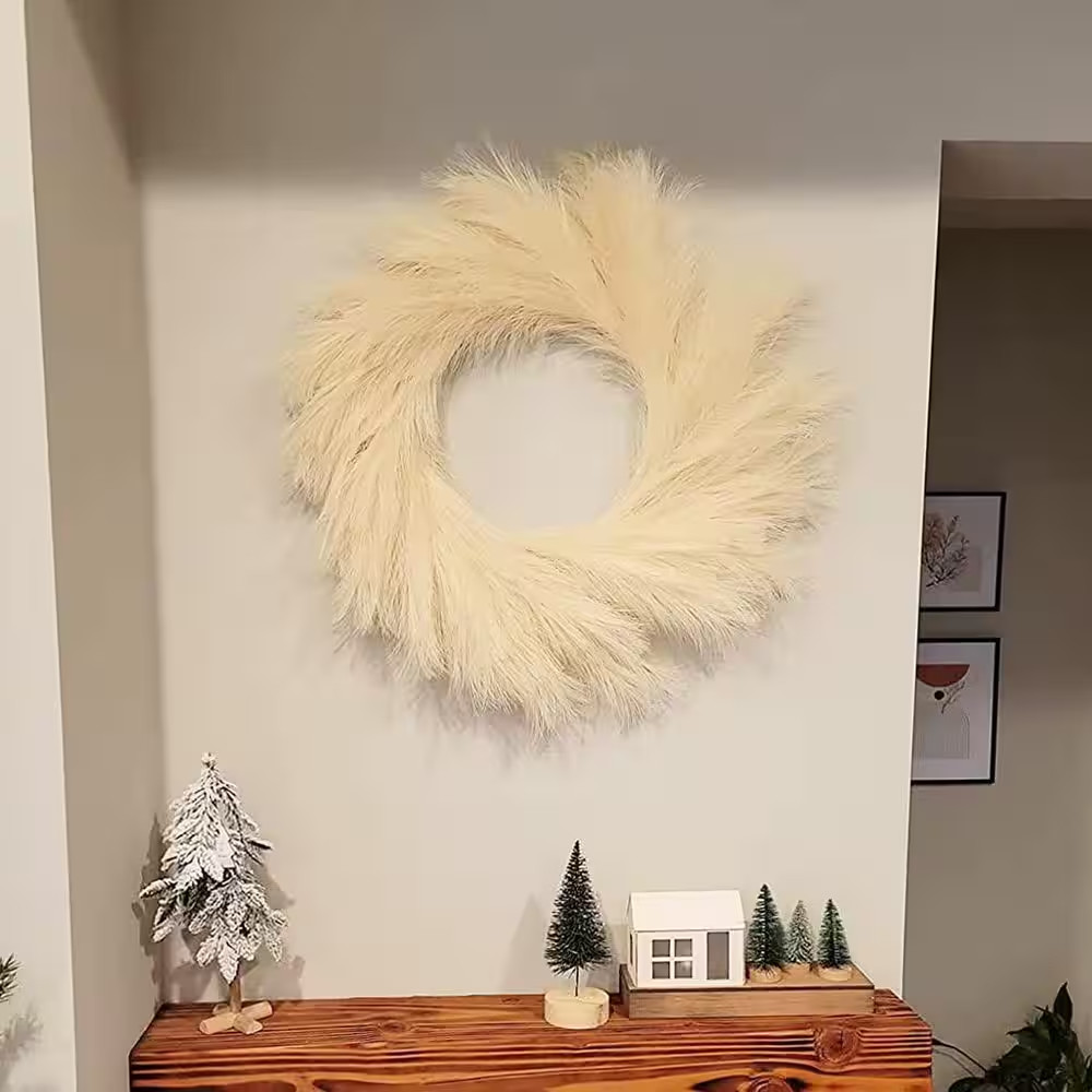 2 in Beige Artificial Plant Faux Pampas Grass Wreath Boho Modern Christmas Home