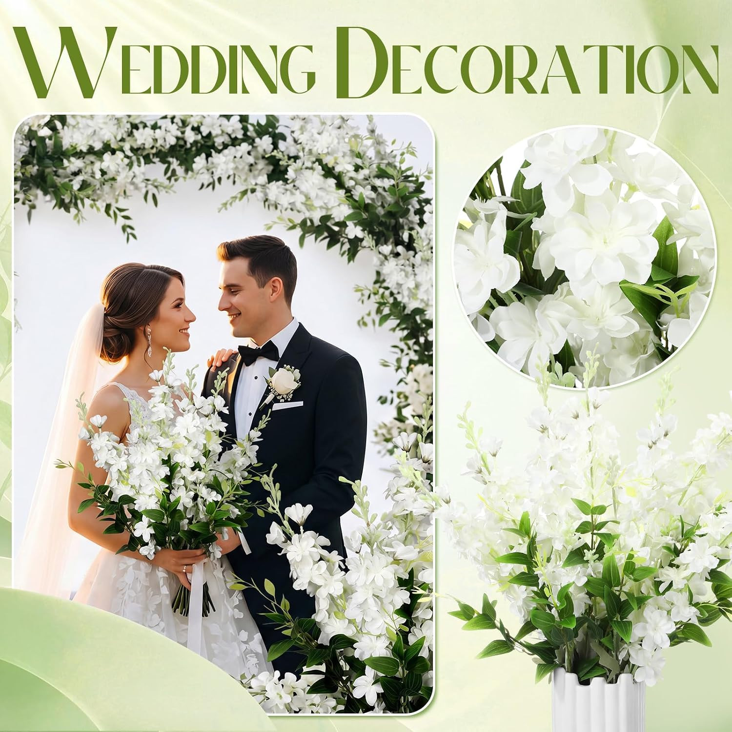 12 Pcs 33.5″ Tall White Delphinium & Clematis Silk Flowers for Home Decor