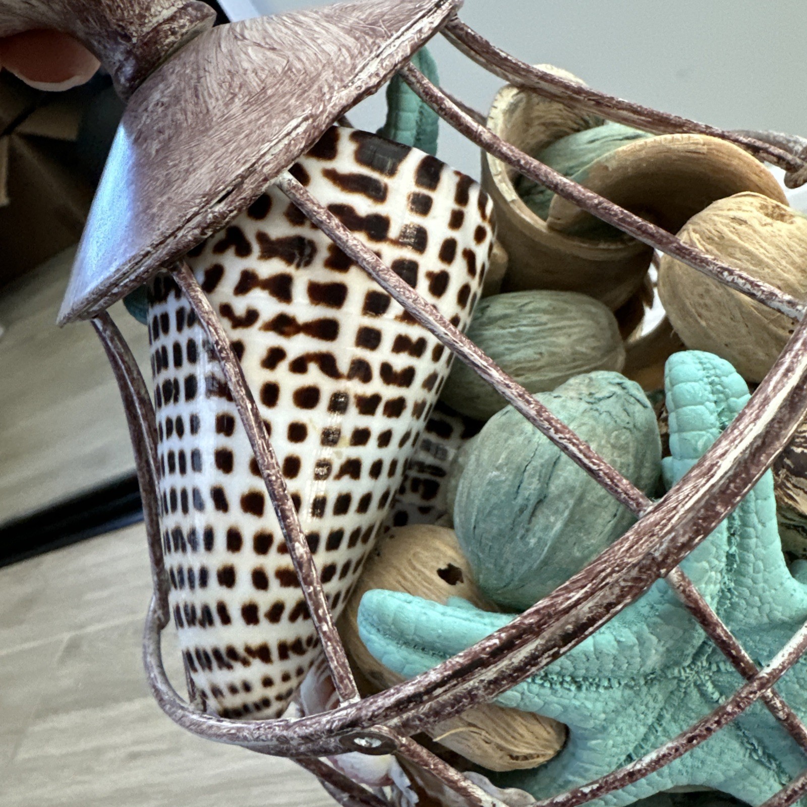 Beach Decore, Decorative Cage With Real Shells And Dried Ocean Plants Theme
