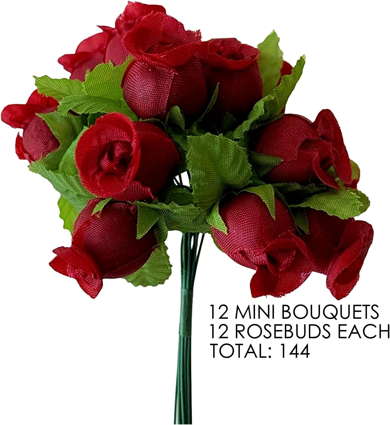 Burgundy Artificial Silk Flower Roses – 12 Mini Bouquets of 12 Rosebuds, 144 Ros
