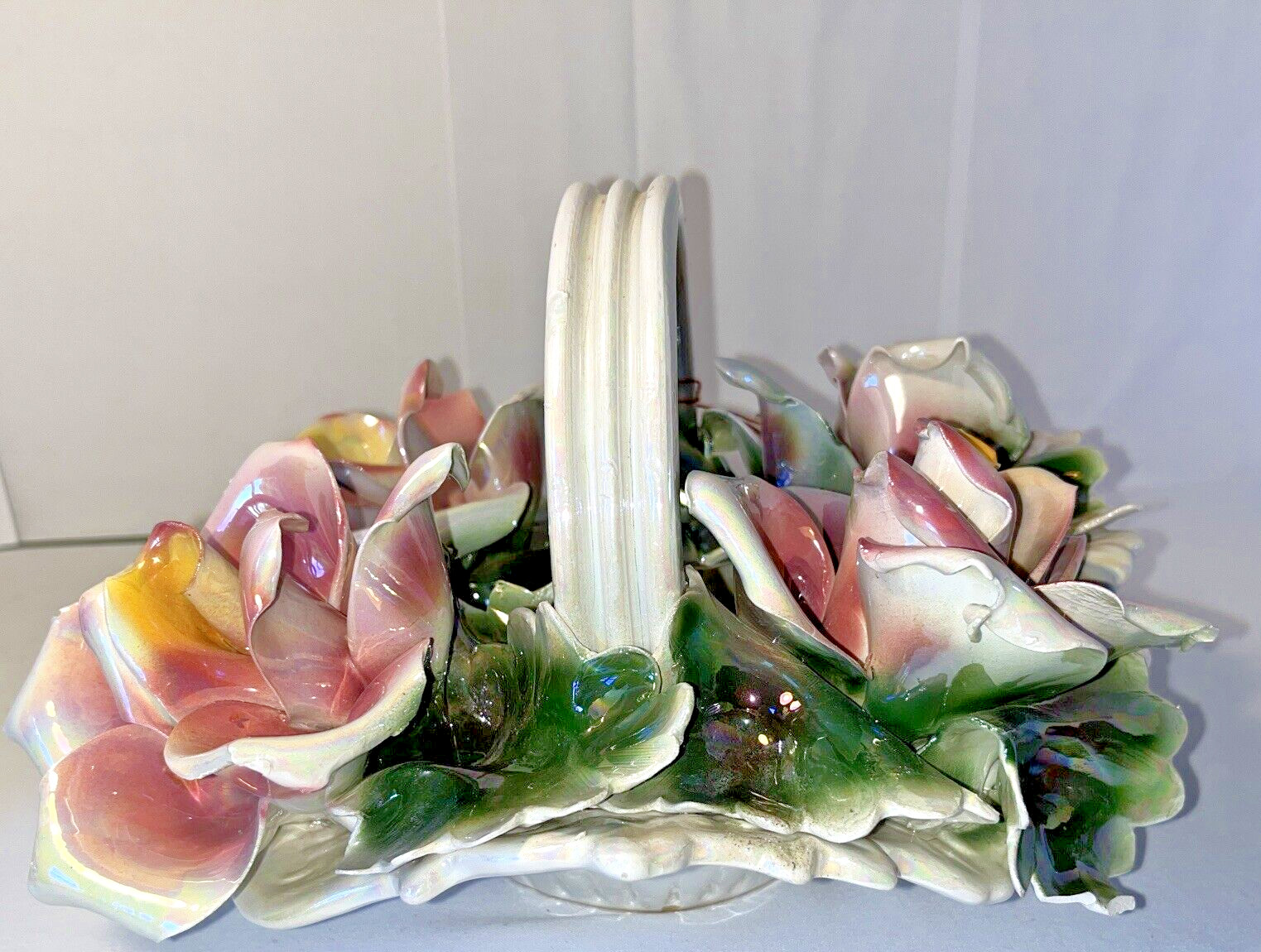 Vintage Capodimonte Basket of Roses Italy Original Tag Iridescent 10″ x 10″ x 6