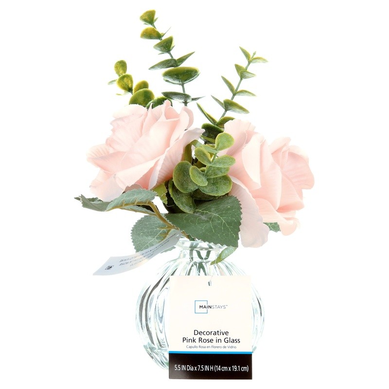 Tabletop Faux Rose Floral Arrangement in Clear Glass Vase W/ Faux Water New