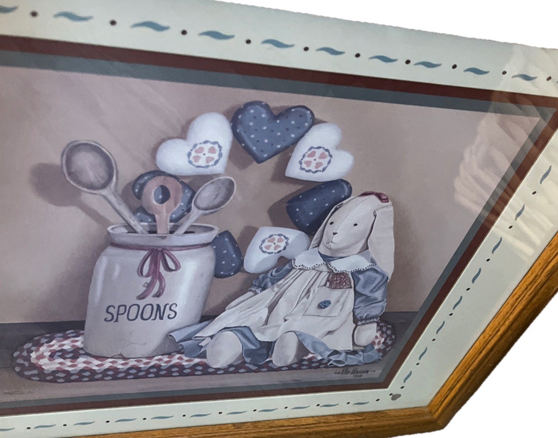 HOME INTERIORS HOMCO FRAMED PICTURE RABBIT CROCK OF SPOONS Country Cottagecore