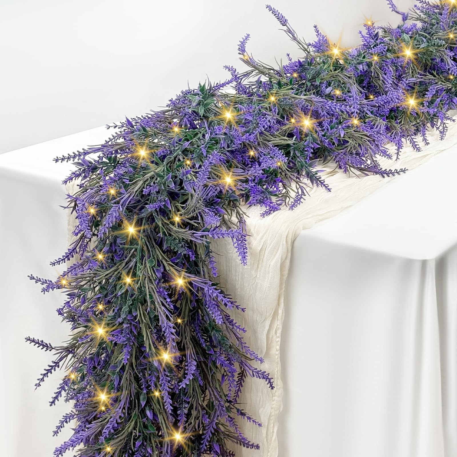 Lavender Garland with Lights, 1Pcs 6FT Purple Flower Garland, Artificial Spri…