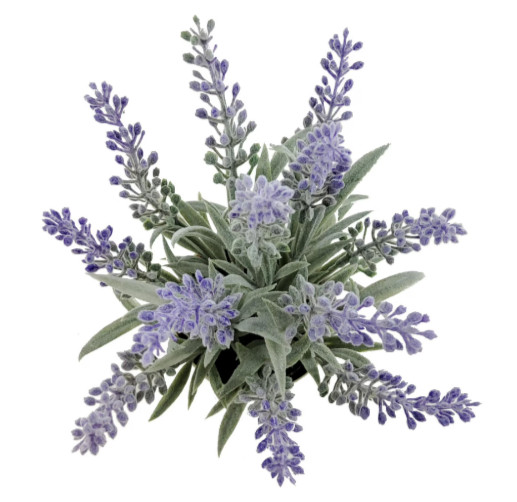 SMALL 8 1/2″ ARTIFICIAL PURPLE LAVENDER FLOWERS IN TEXTURED LITTLE POT W/ LABELS