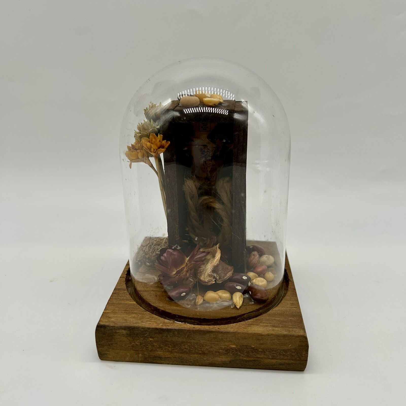 Vintage Leonard Creations California Glass Dome Cloche Dried Flowers Shadow box