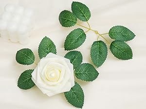 16Pcs Artificial Flowers Fake Roses with Stems, Ivory White Boxed Foam Roses for
