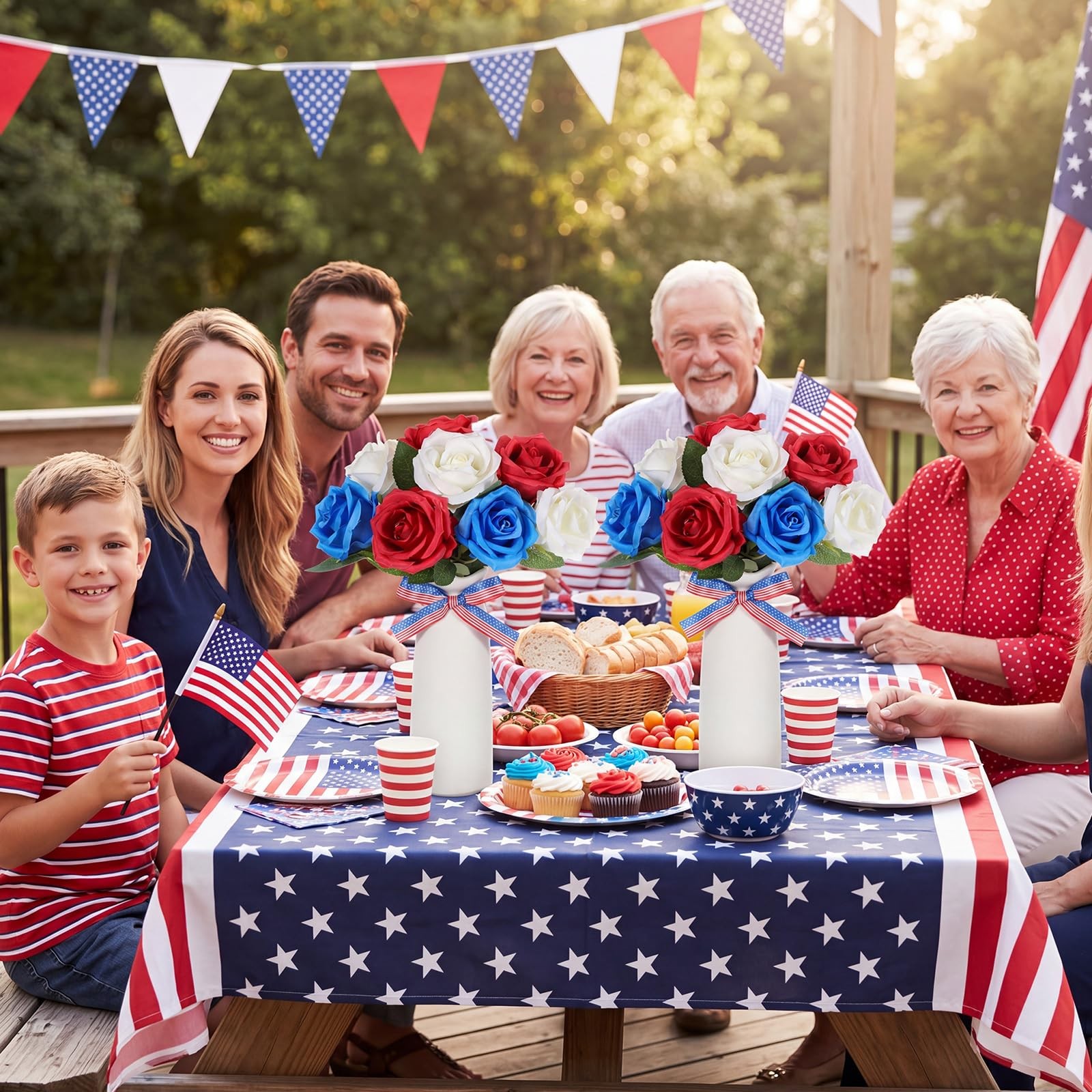 4th of July Decorations 2 Sets Artificial Flowers and Vase Red Blue White Pat…