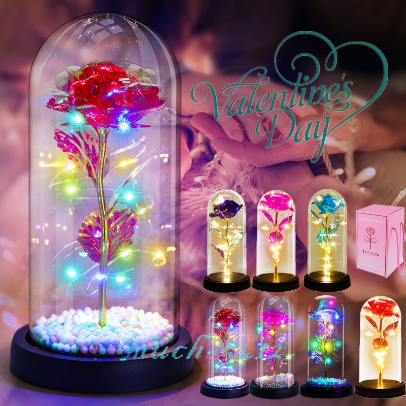 Preserved Eternal Gold Foil Rose In Glass Galaxy Flower Dome LED Light Gift Her