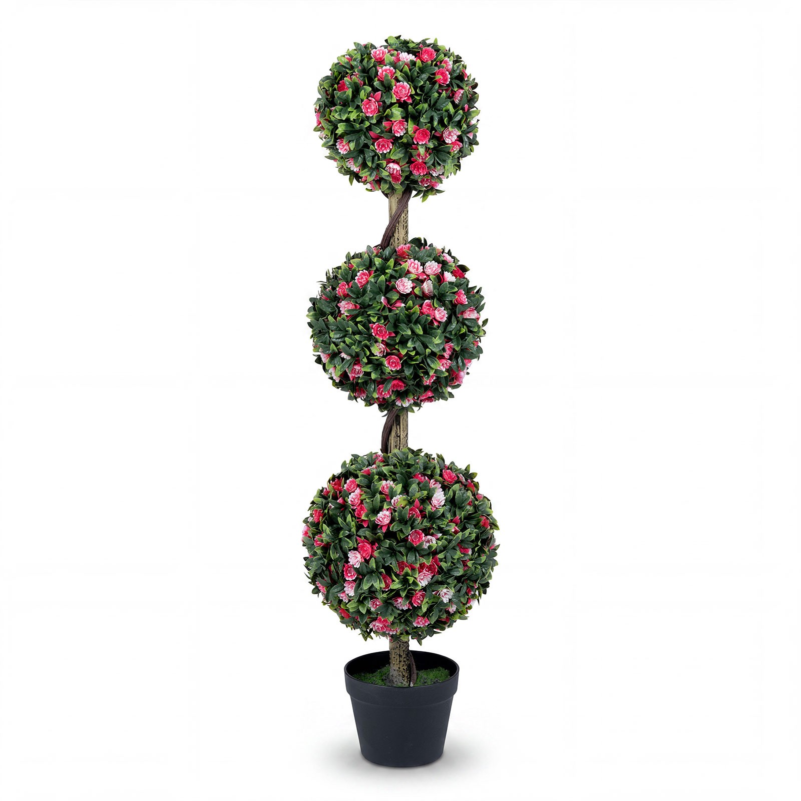 43.5” Artificial Triple Ball Rose Topiary Tree w/Lifelike Blooms & Green Leaves