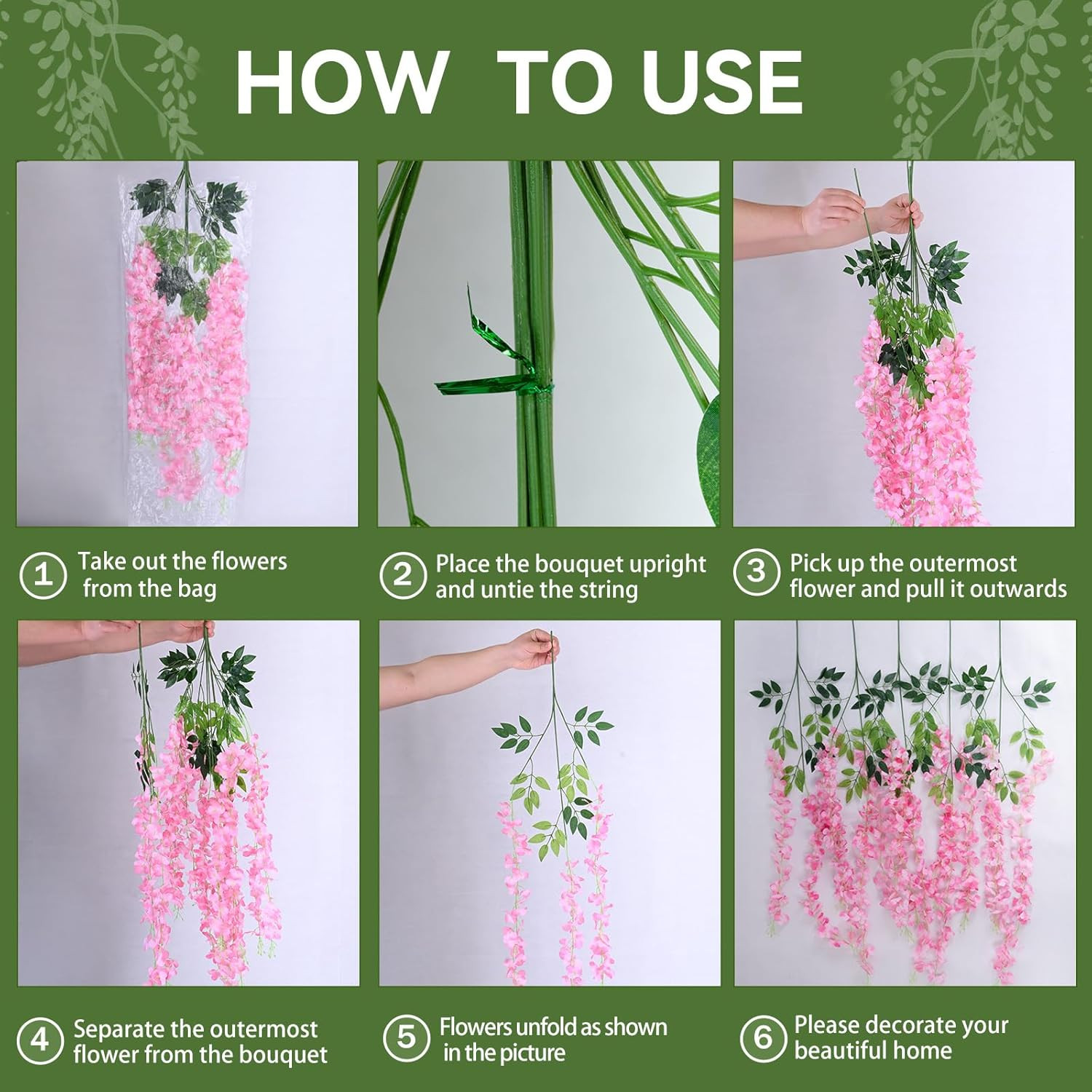 200Pcs Purple Wisteria Hanging Flowers Silk Garland for Wedding Party Decor