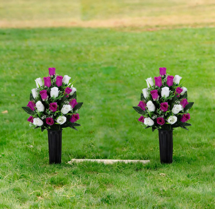 2 Sets Artificial Cemetery Flowers, Grave Decorations Roses, Memorial Flowers Bo