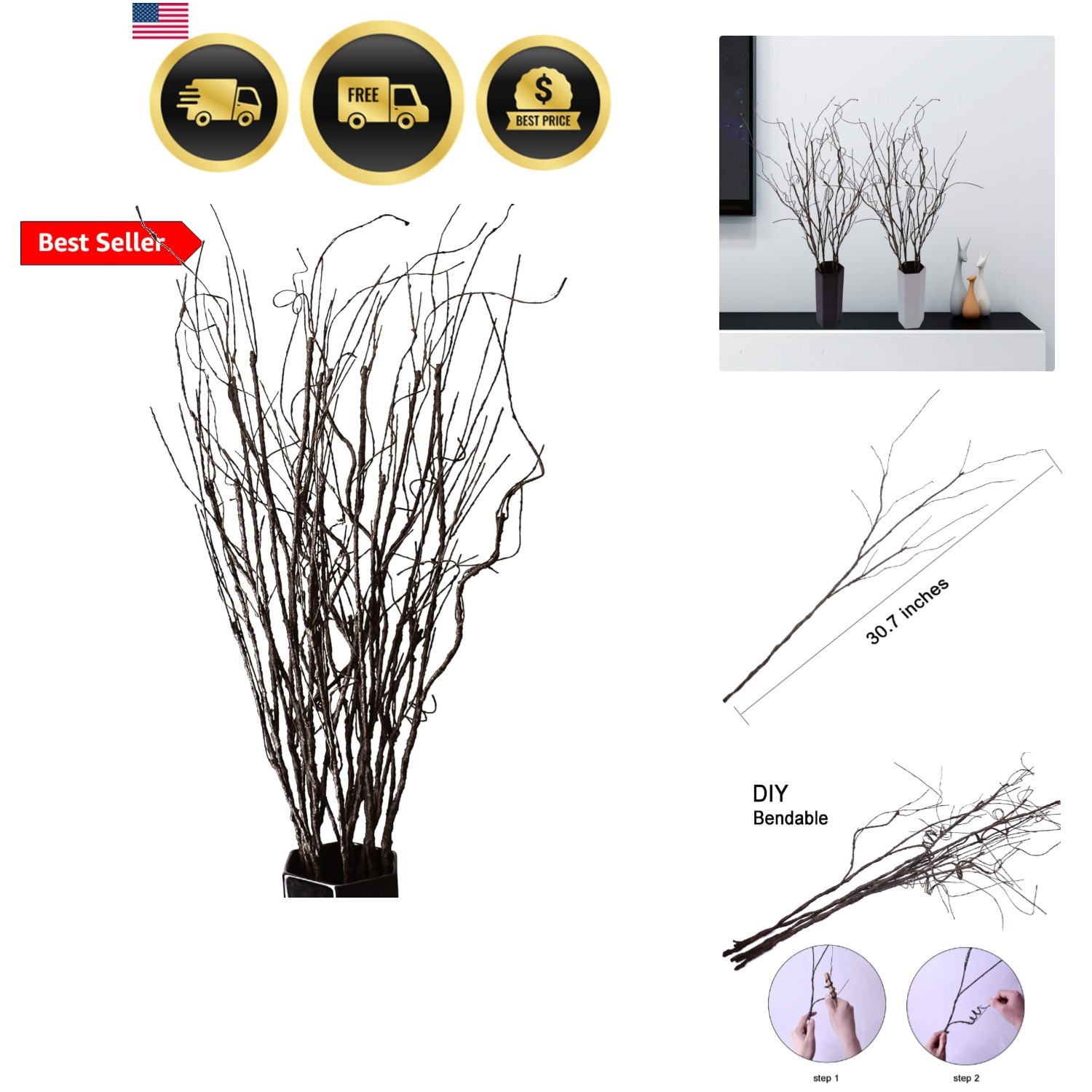 10PCS Lifelike Curly Willow Branches Decorative Dried Artificial Twigs, 30.7 …