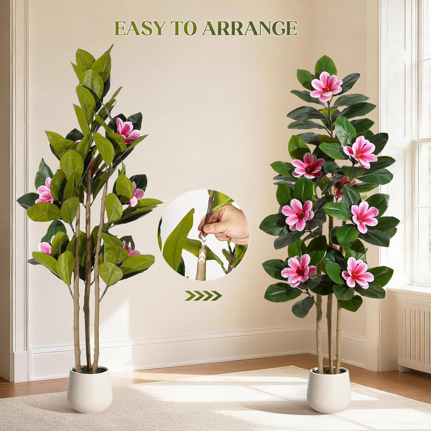 60″ Faux Rubber Tree with Real Touch Leaves & Pink Flowers for Home Decor
