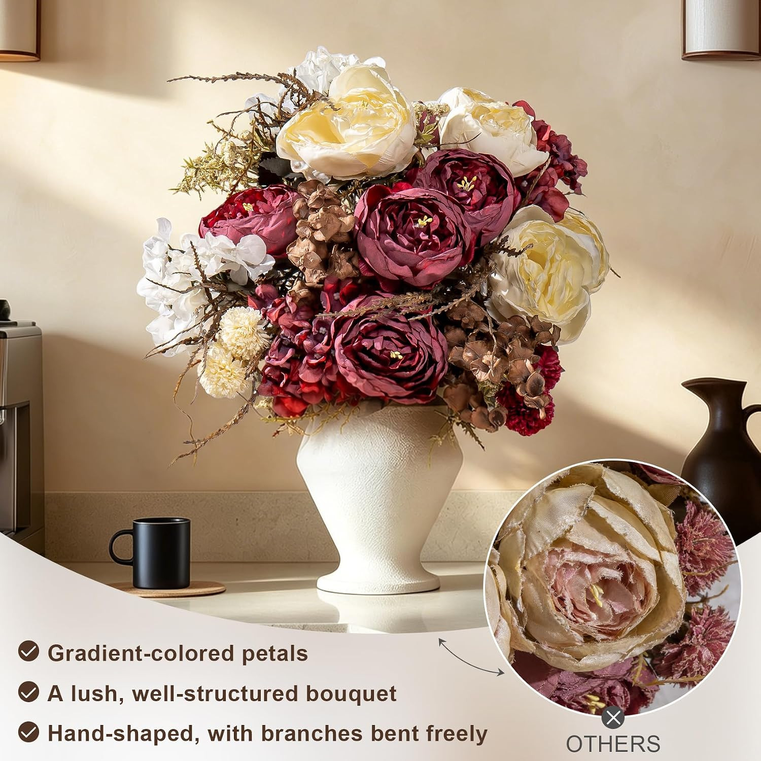 2 Packs Silk Peonies Bouquets – 23 Stems Ivory & Burgundy for Home Decor
