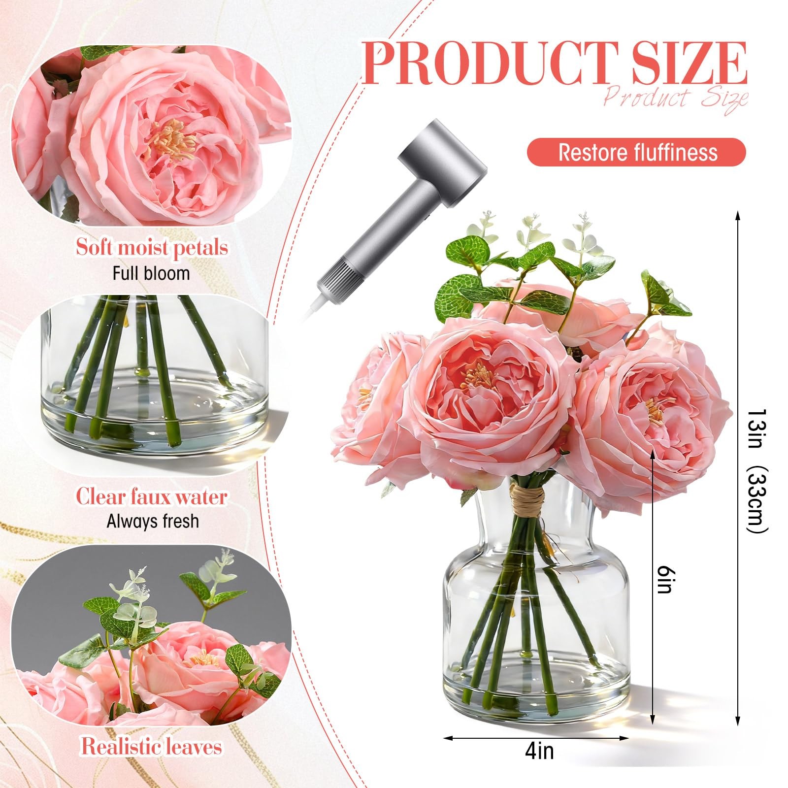 6 PCS Real Touch Peonies Artificial Flowers Faux Austin Rose In Vase Pink