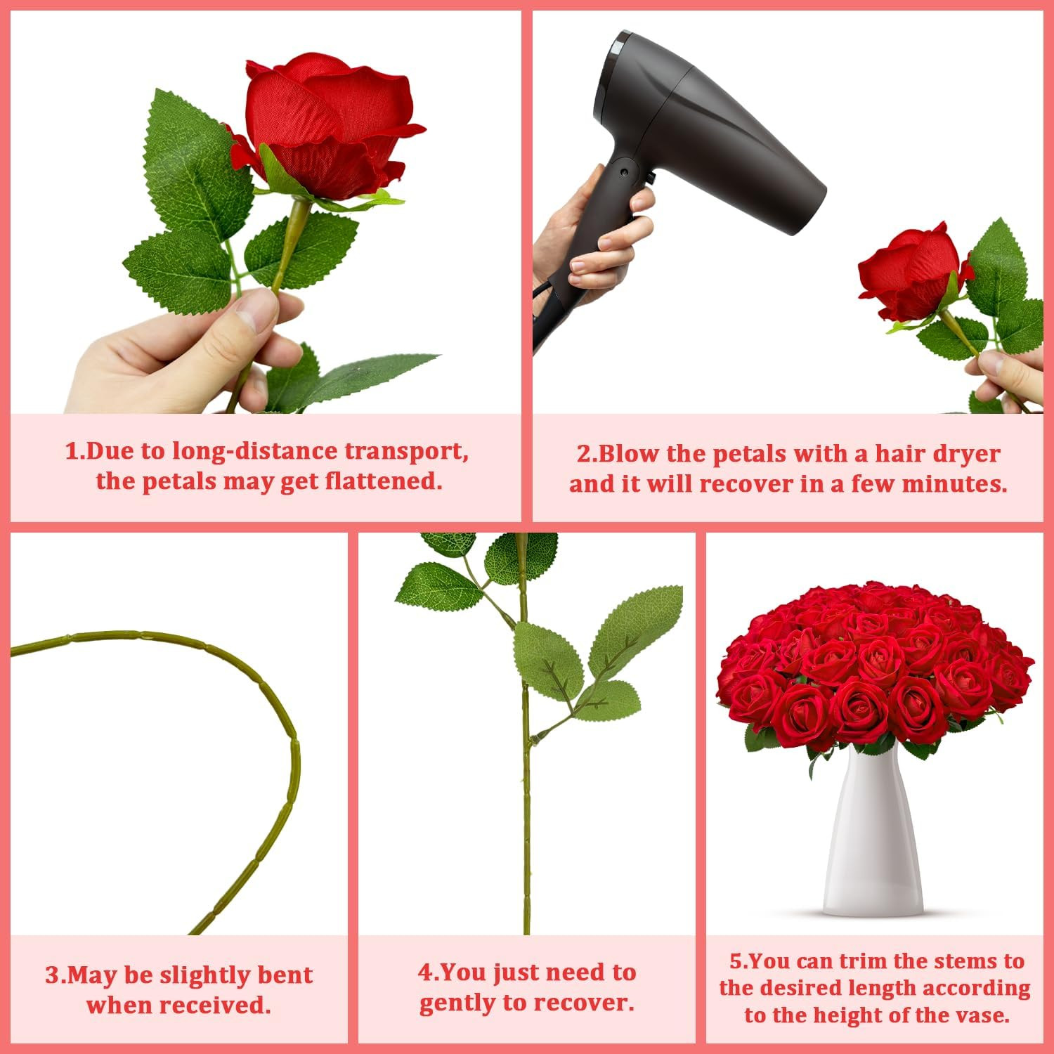 100 PCS Velvet Silk Red Roses – Realistic Faux Flowers for Home & Weddings