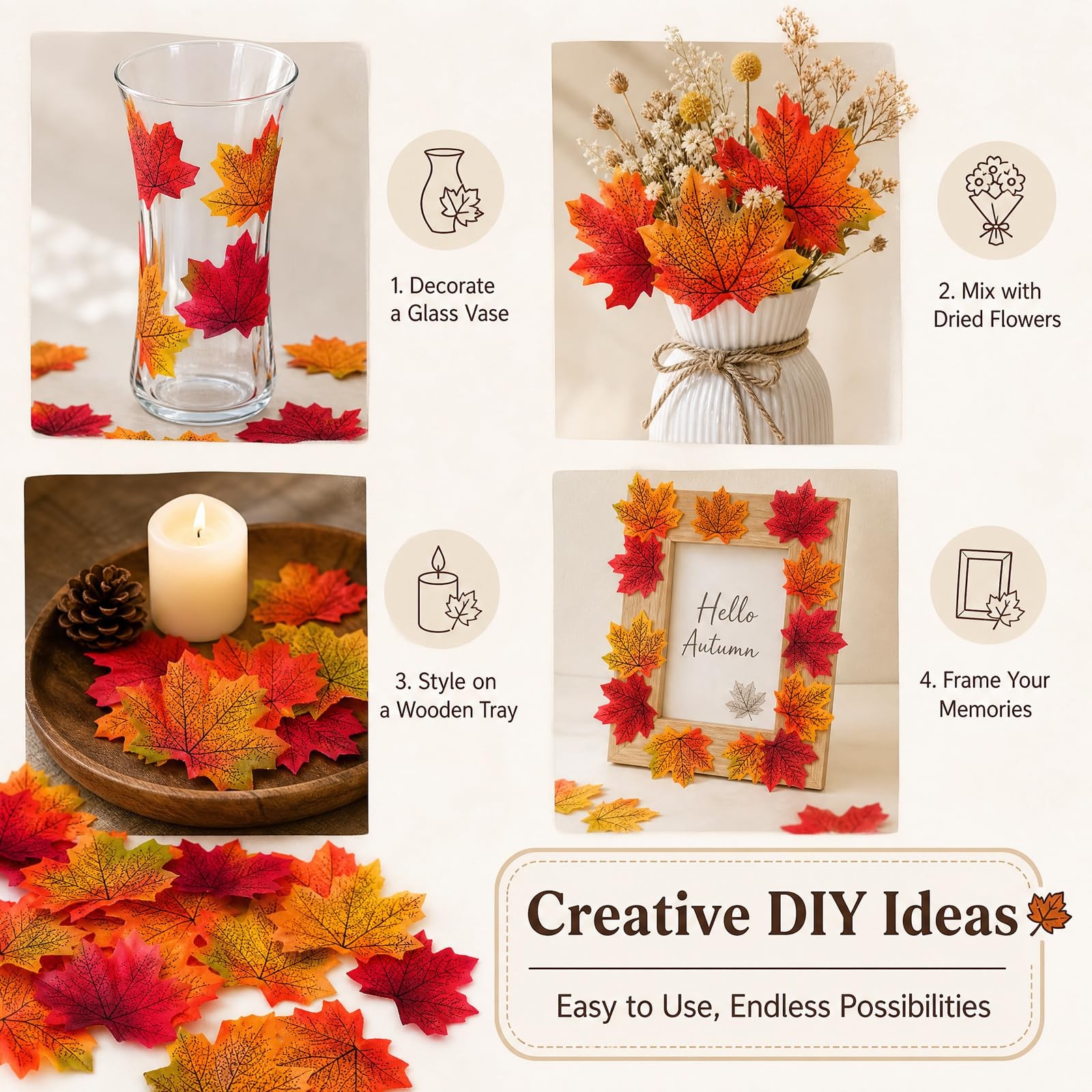200 Pcs Artificial Maple Leaves for Fall Decor, Mixed 4 Colors