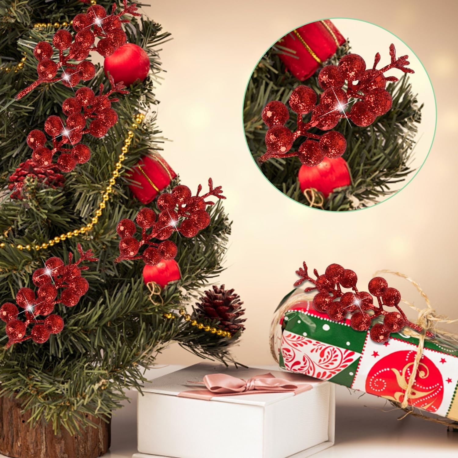 CCINEE 20pcs Glitter Christmas Red Berry Stems,7.8Inch Xmas Artificial Glitter B