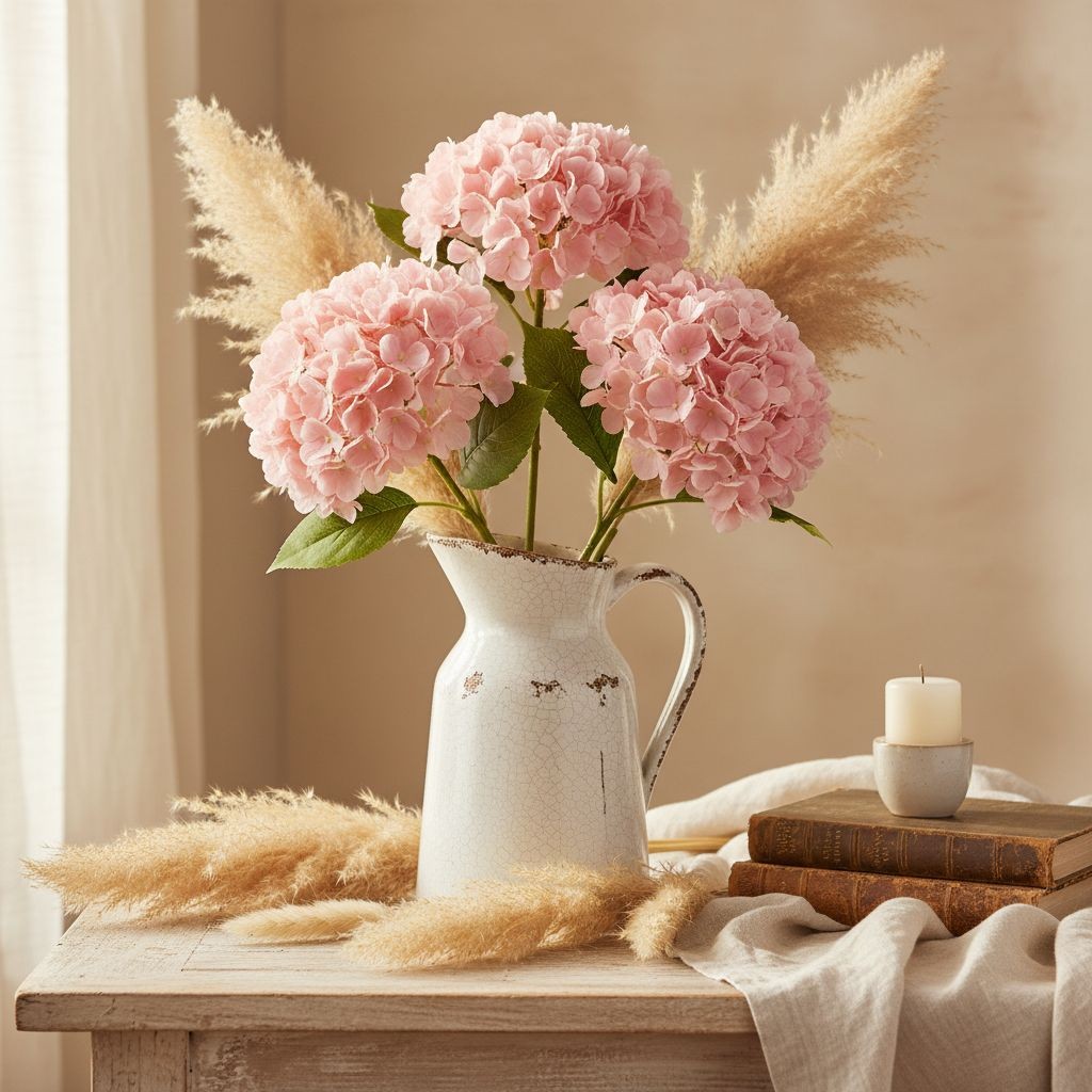 Blush Pink Hydrangea Stem Faux Flower 16 Inch Artificial Hydrangea Bloom 6 Inch