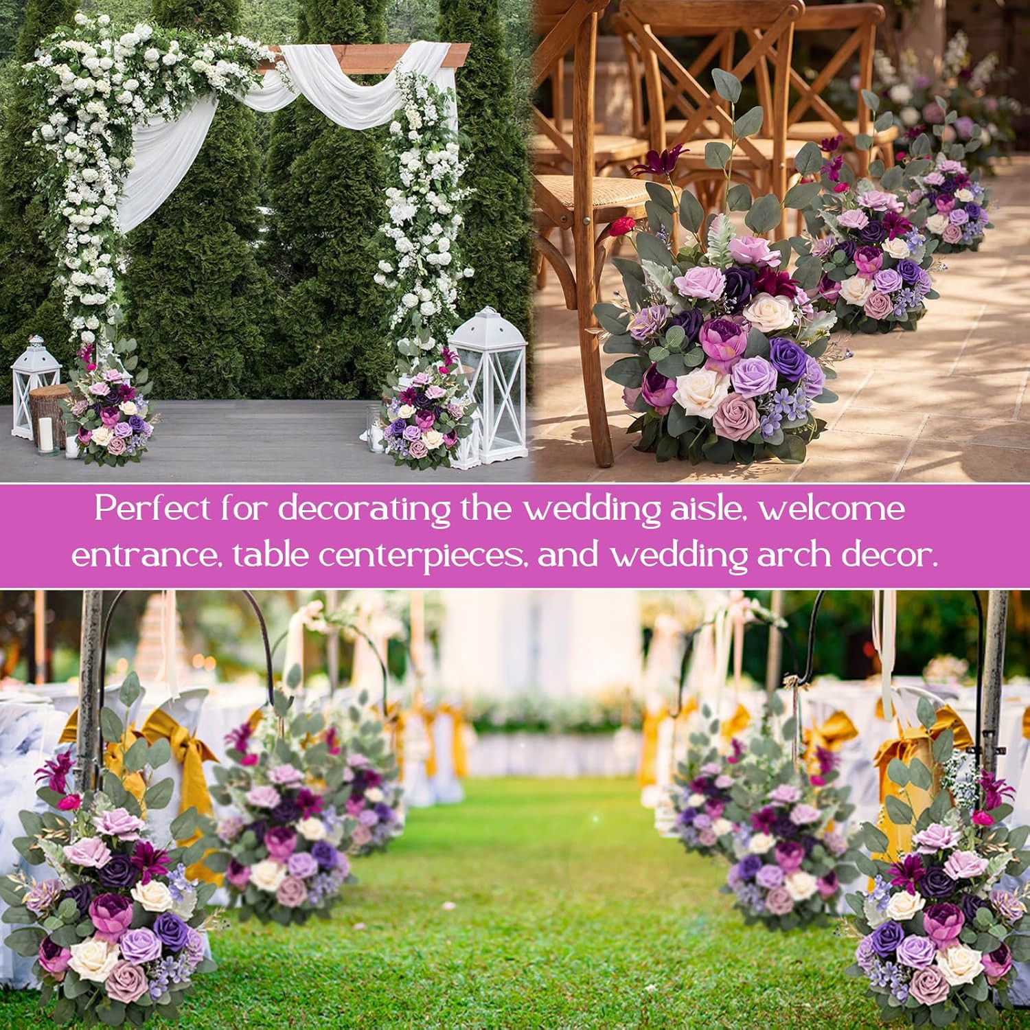 Purple 4 Pcs Free-Standing Wedding Aisle Floral Arrangements & Chair Decor