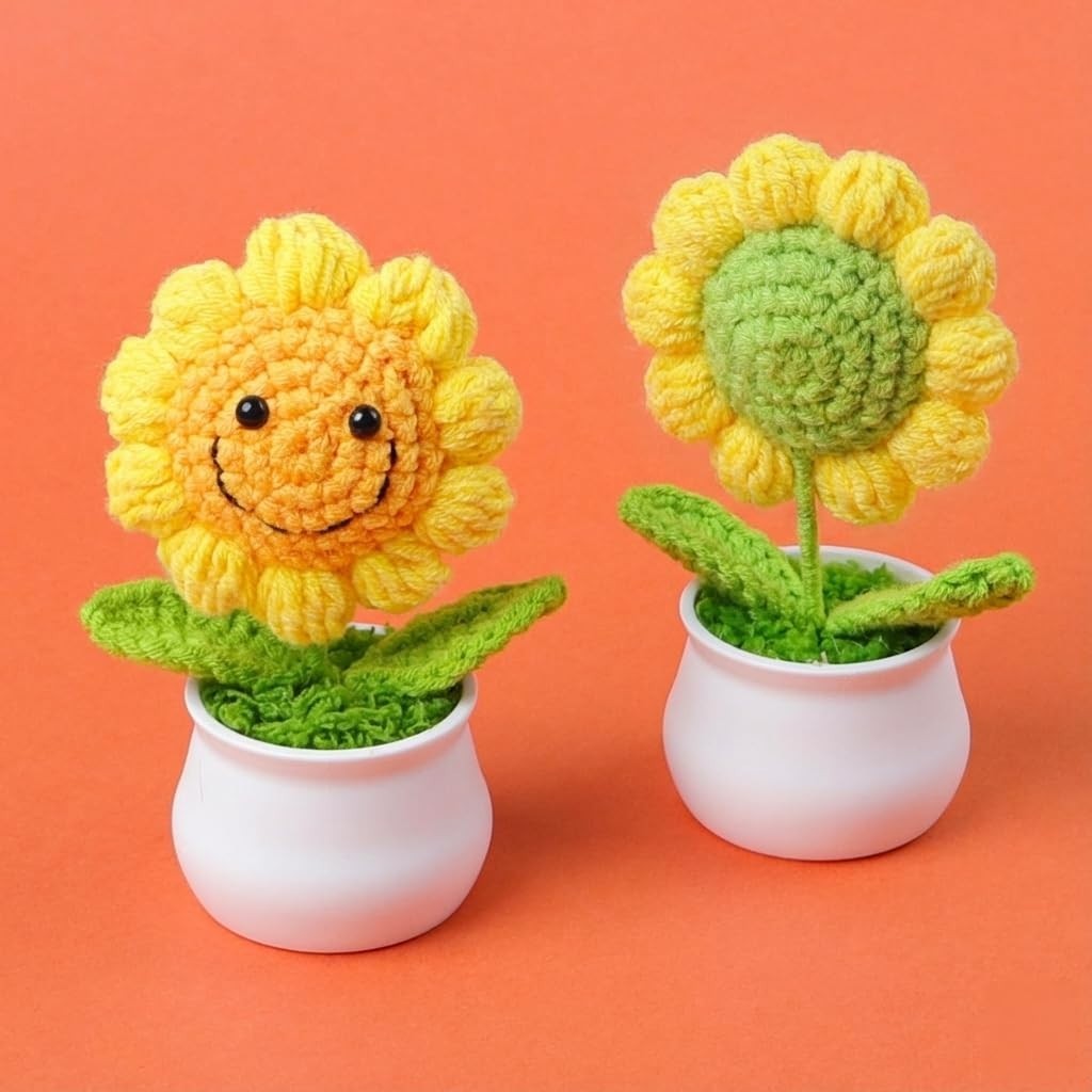 13CM Handmade Crochet Smiling Flower Pot Yellow | Cute Desk Décor Showpiece |