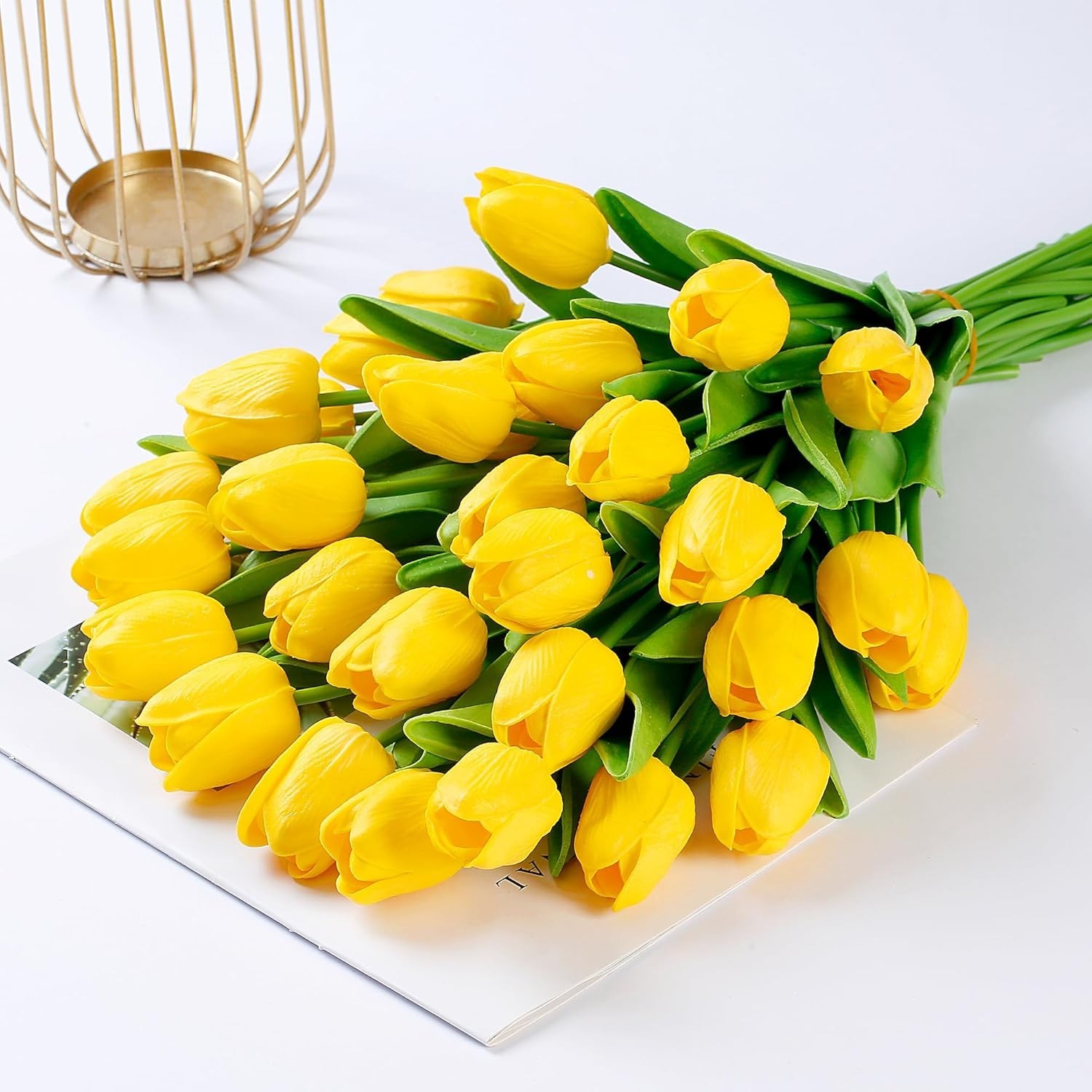 30 PCS Gold Yellow Tulips Artificial Bouquet Real Touch Faux Flowers Decor
