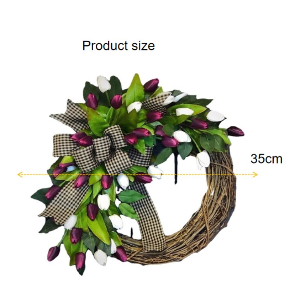 35cm Purple Tulip Wreath on Natural Rattan Base Spring Floral Home Decor