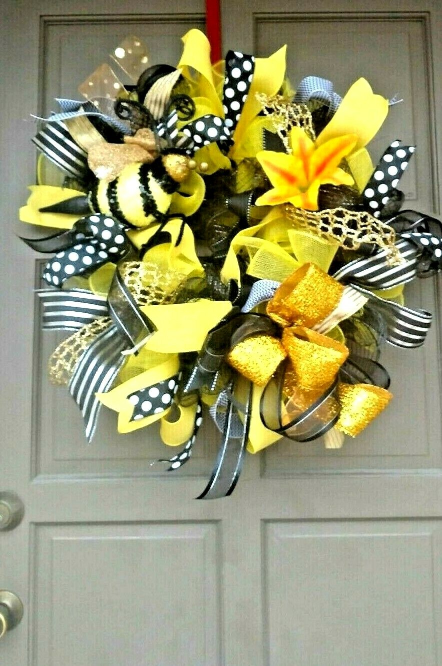 Spring Summer Bee Wreath Large Deco Mesh Floral Farmhouse Front Door Decor