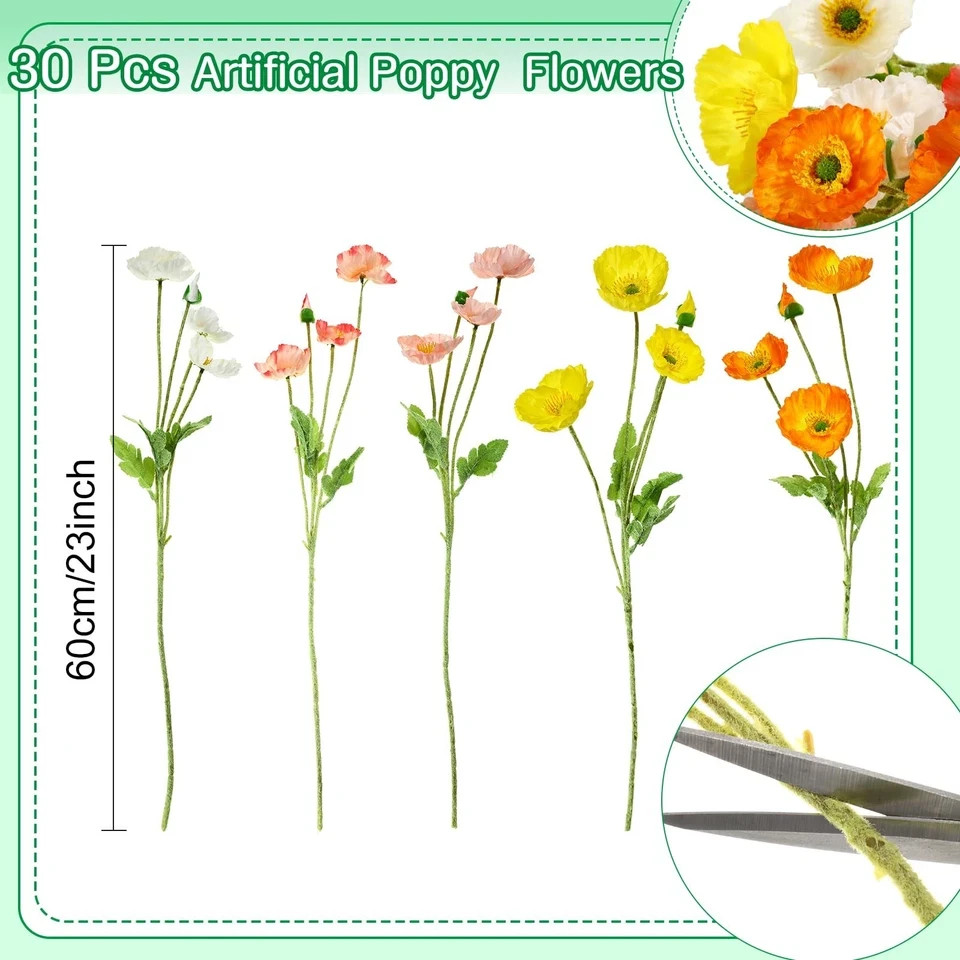 30 Pcs Silk Artificial Poppy Faux Poppy Spring Flowers for Home Kitchen Wedding
