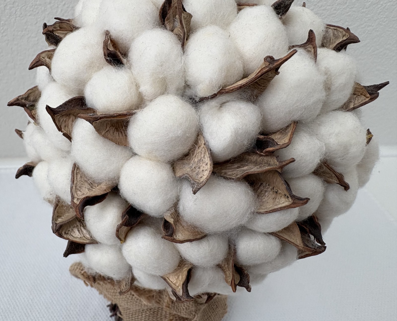 Cotton Stalk Bouquet Combined with Burlap Ribbon, Home Decor 13″x7″ (5″ at base)