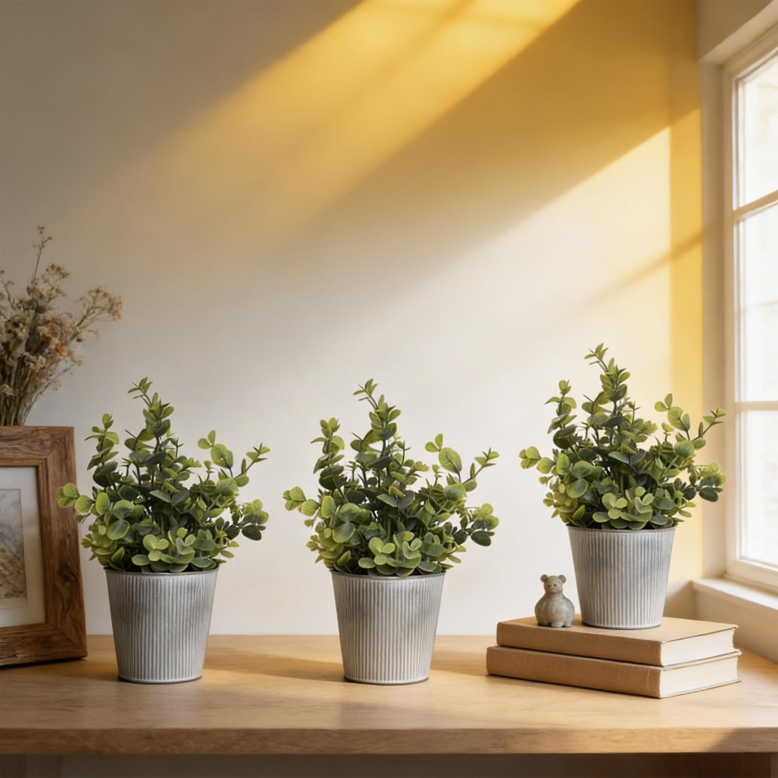 3-Pack Artificial Eucalyptus Plants in White Ribbed Galvanized Metal Pots, Sm…