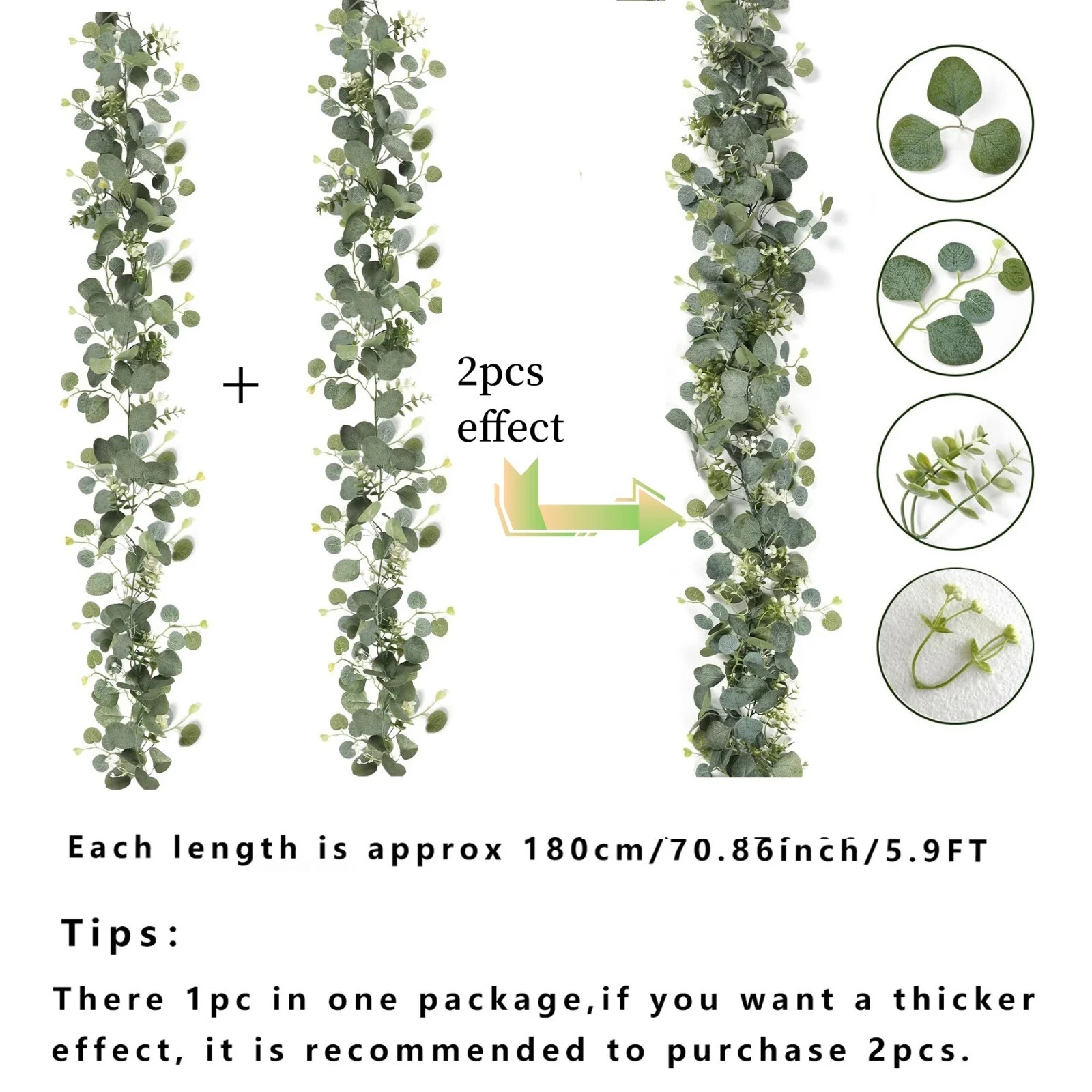 2025 Popular Artificial Green Eucalyptus Garland with White Flowers & Berries