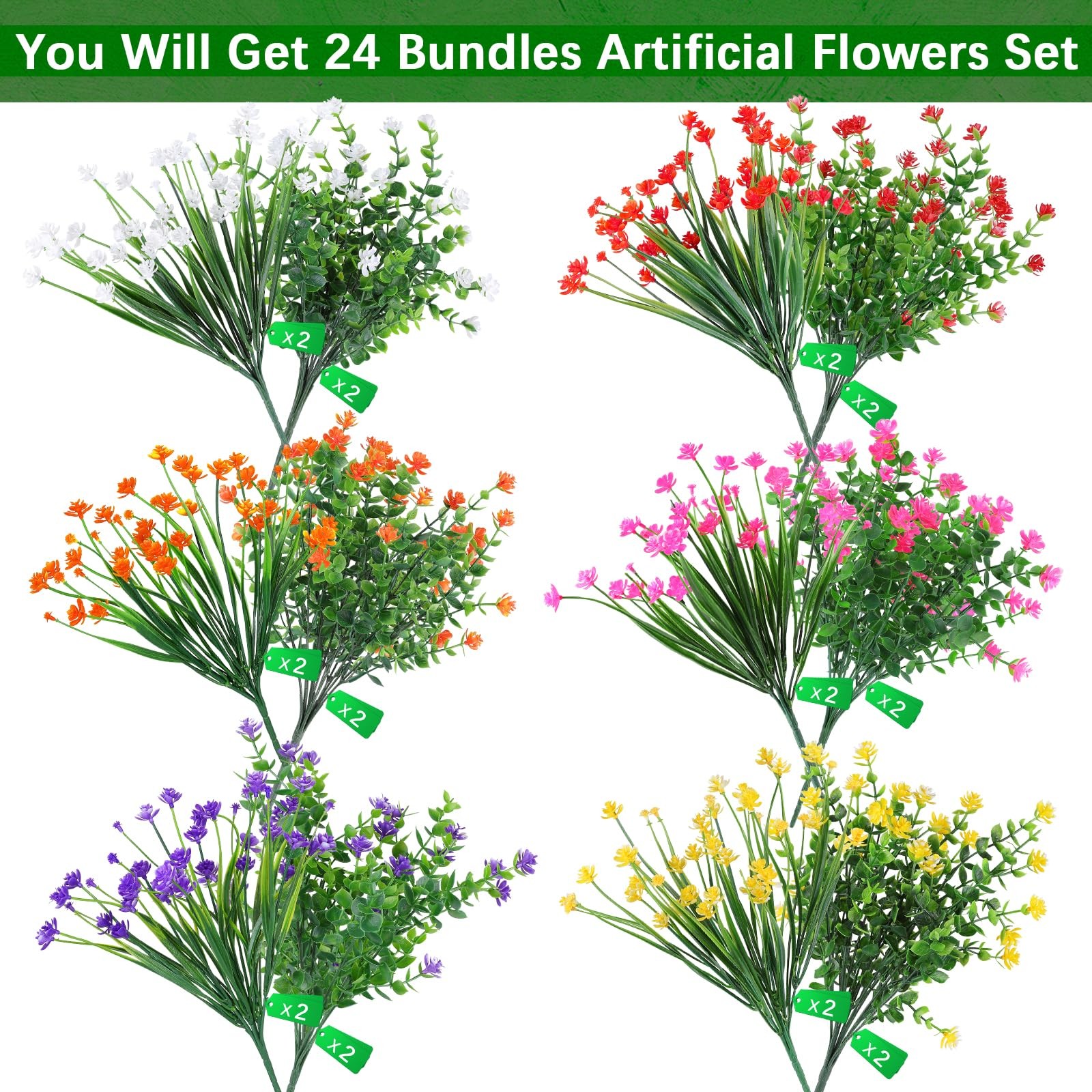 24 Bundles Artificial Flowers Outdoor,No Fade Fake Plastic Flowers Faux Plant…