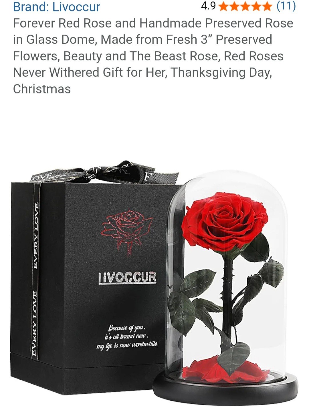 Livoccur Preserved RED ROSE in Glass DOME 4.7″×4.7″×7.5″ Stand