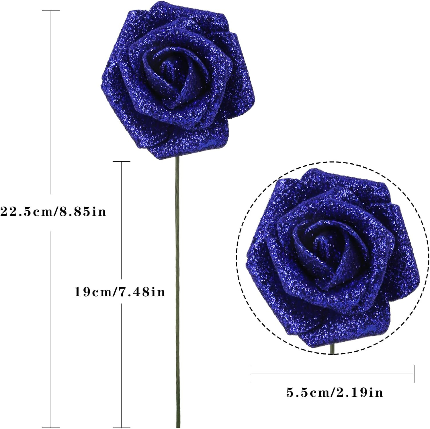 Foam Roses,50pcs Royal Blue Glitter Roses Glitter Flowers Foam Flowers with Stem