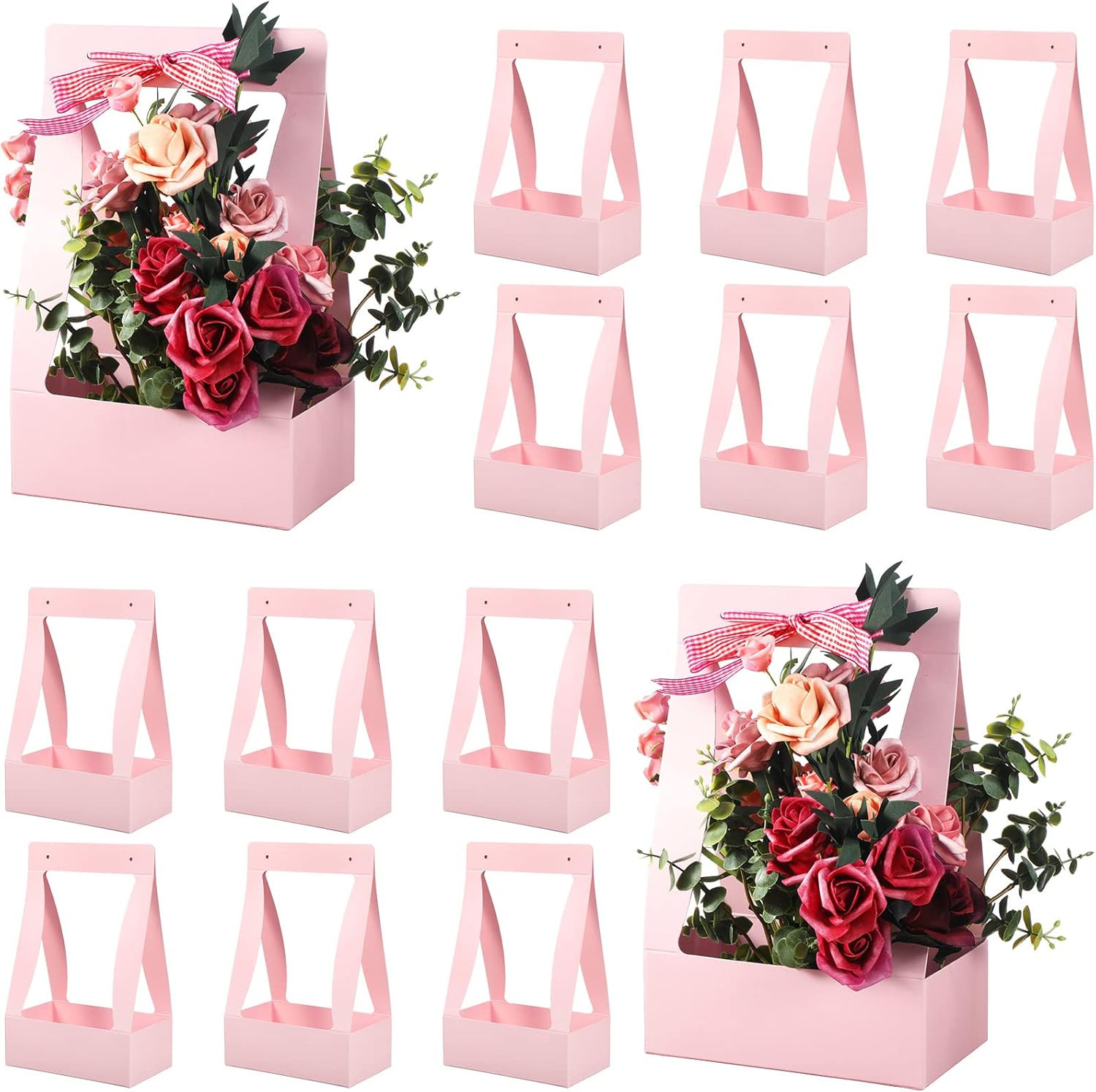 12 Pcs Mother’S Day Flower Boxes for Arrangements Paper Pink Flower Gift Bags fo