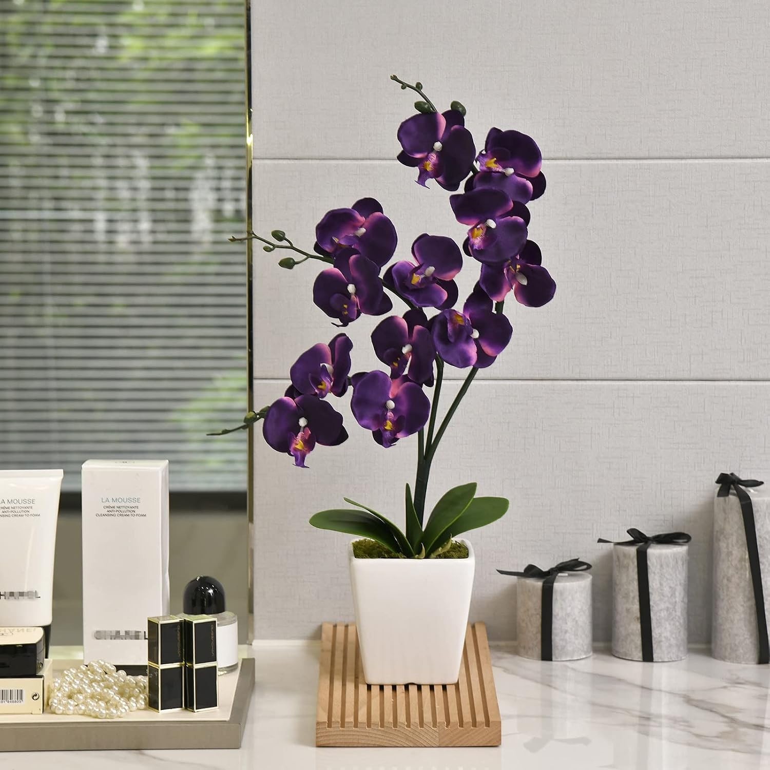 Lifelike 15″ Phalaenopsis Orchid with Square Ceramic Pot – Ideal for Home Decor
