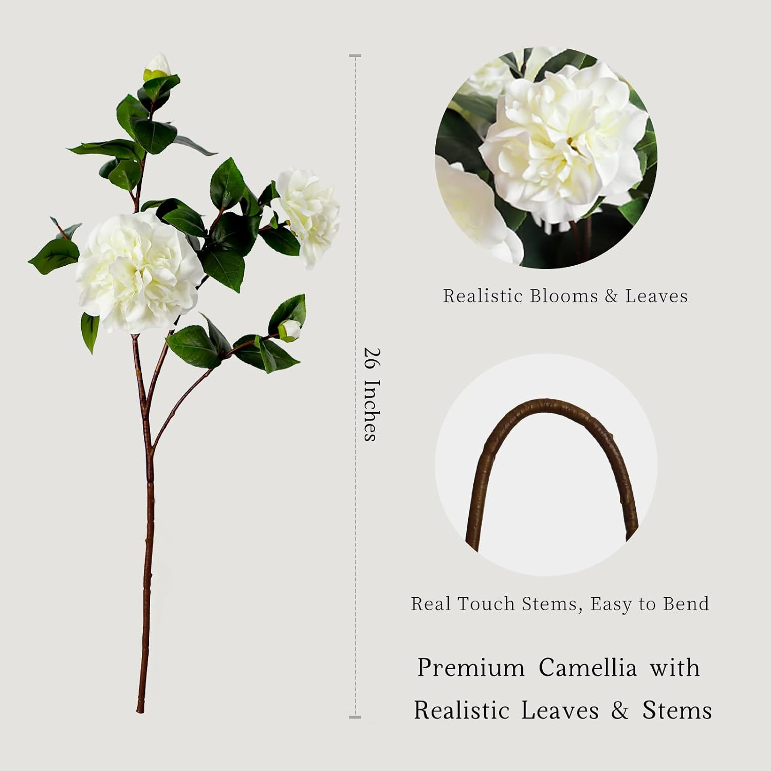 26” Faux White Camellia Flowers – 4Pcs Long Stems for Weddings & Decor