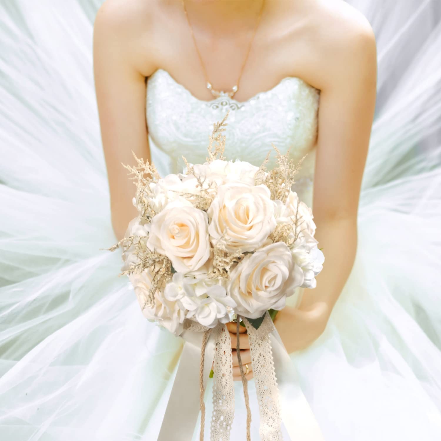 LEIFENY Artificial Plant, 1 Champagne White Rose Bridal Bouquet, 8.6 x 10.2 x…