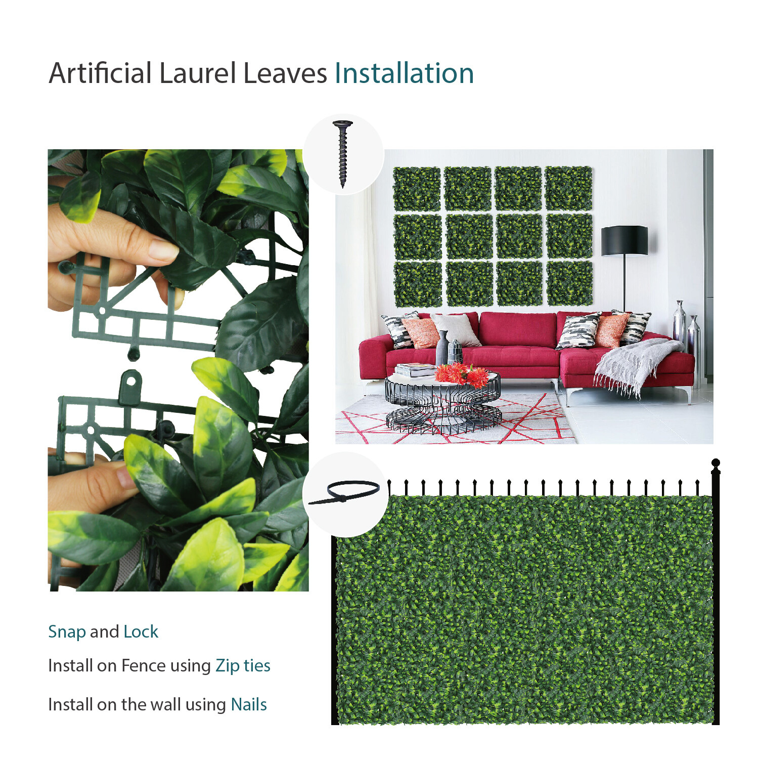 20in Artificial Faux Laurel Leave Mat Wall Hedge Decor Privacy Fence Panel Grass