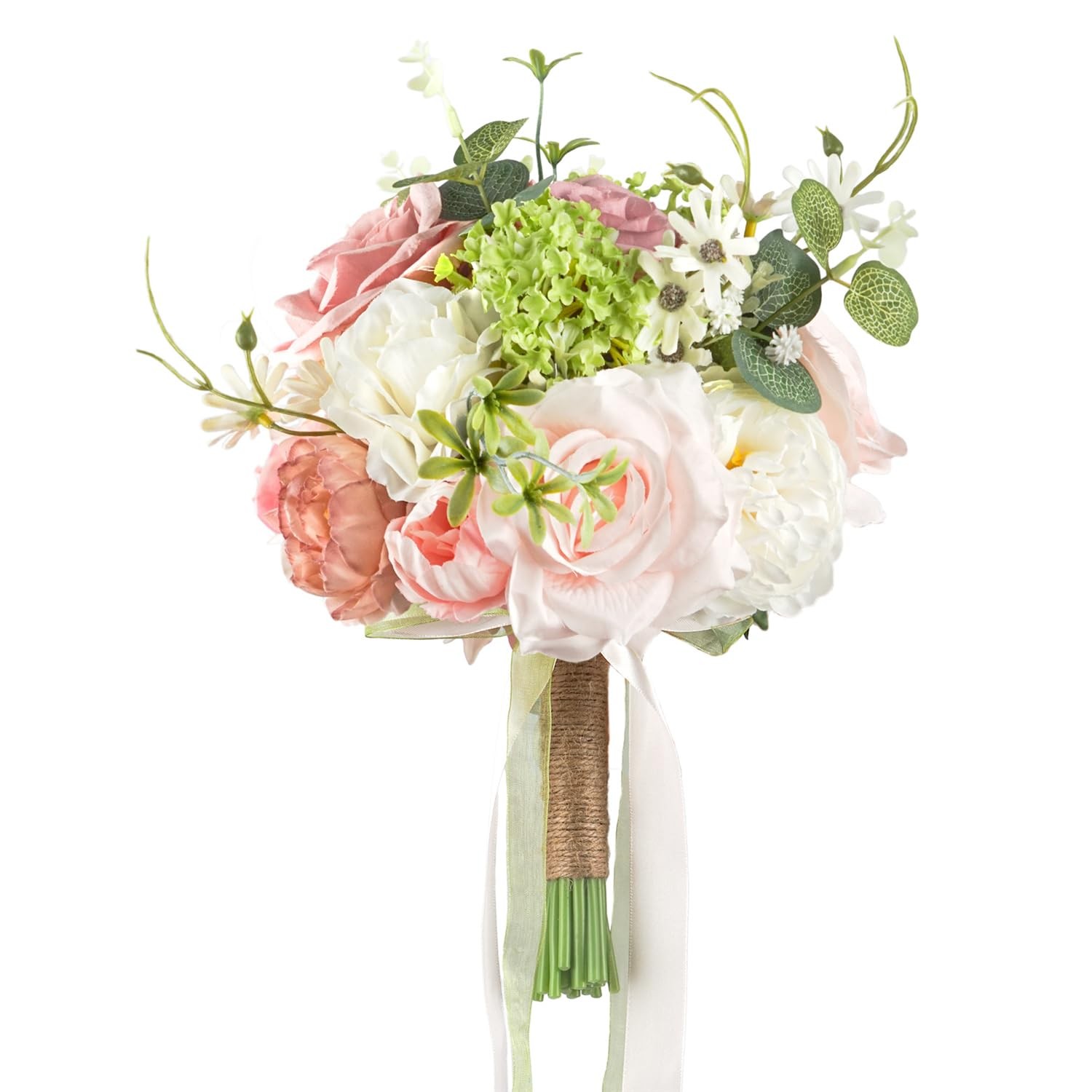8.6in Blush Wedding Bouquets for Bride Bridesmaid, Pastel Pink White Green Bo…