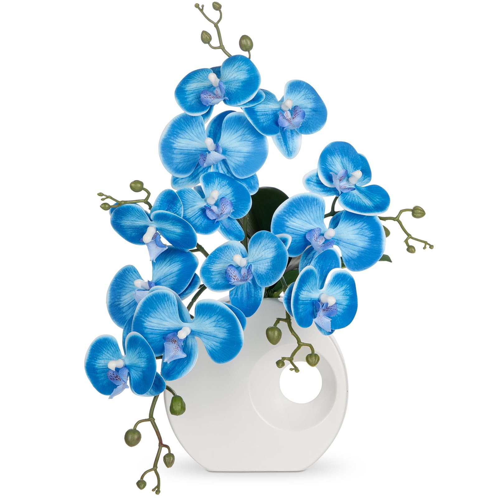 15.7-inch Tall Blue Artificial Orchid, Ceramic Vase, Silk Flower, Centerpiece