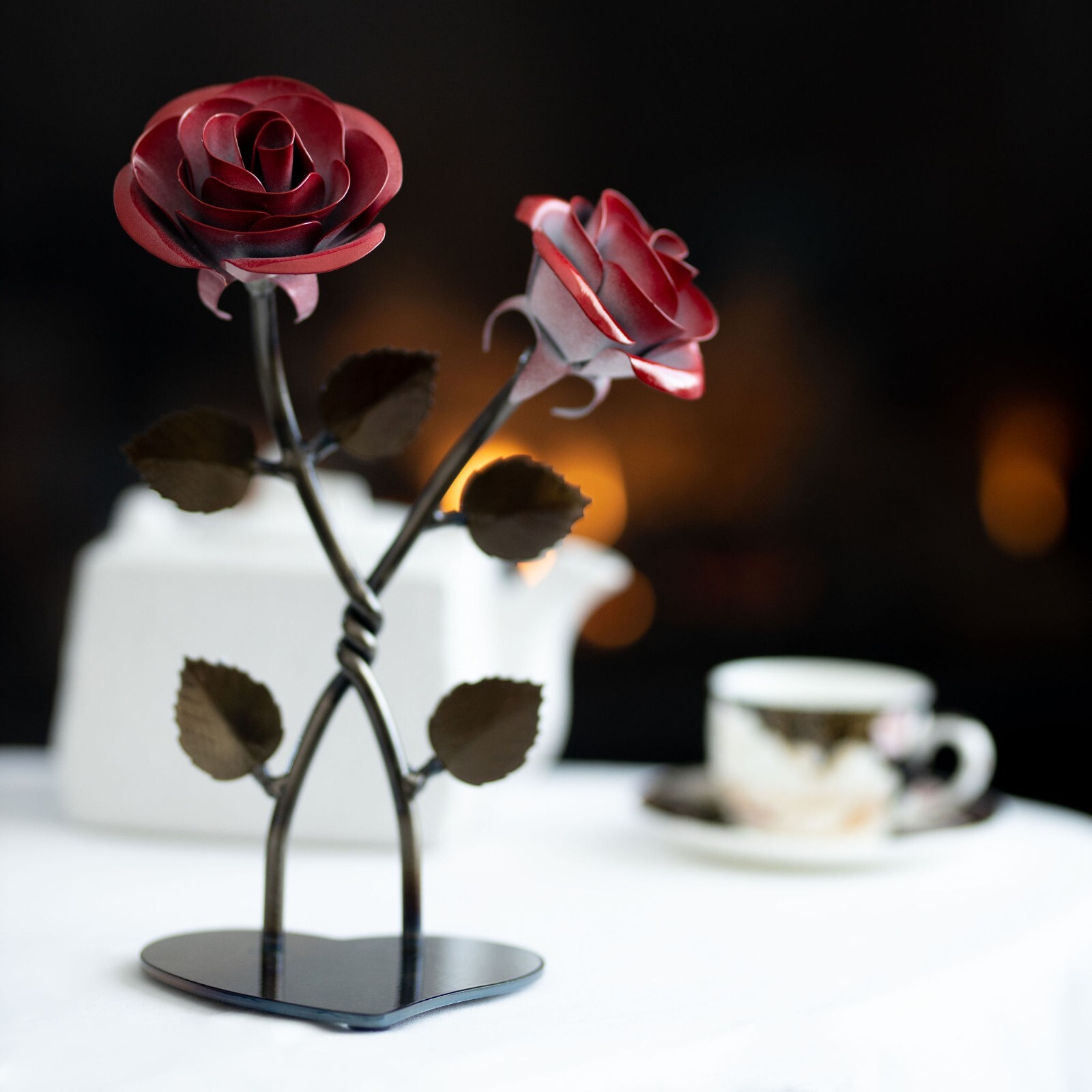 Hand-Forged Double Red Metal Rose with Twist – Iron Anniversary Gift