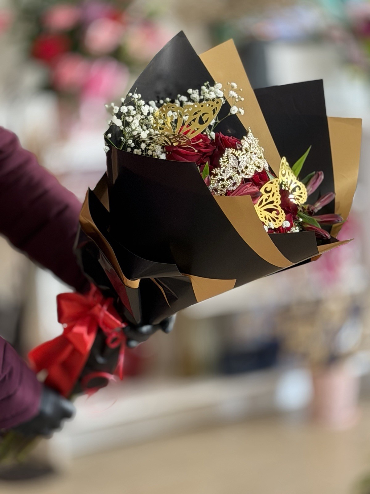 Fresh Rose & Baby’s Breath Flower Bouquet, Red White Black Gold Wrap, Butterfly