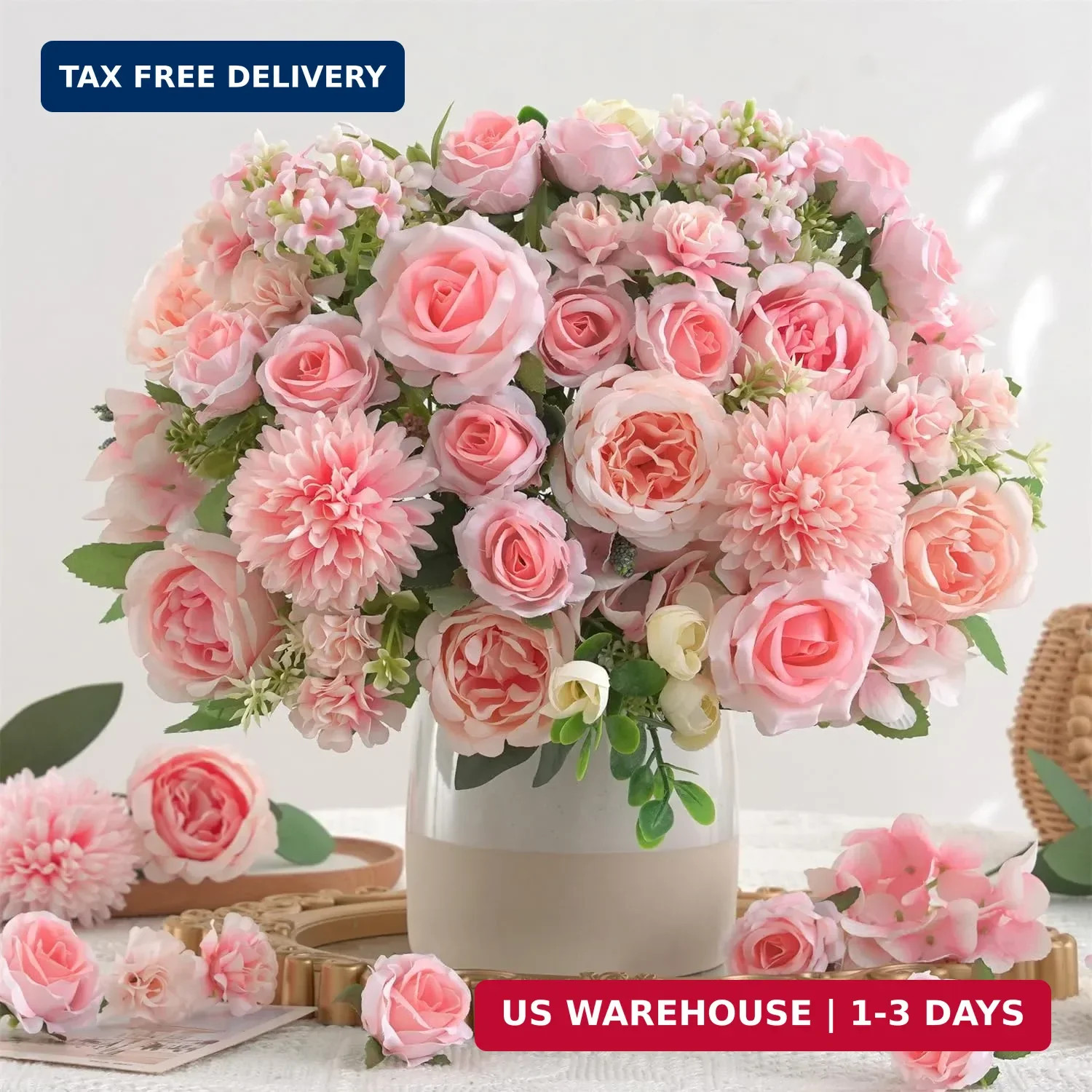 8 Pcs Mixed Artificial Peony Flowers Set-4 Bouquets & 4 Stems, Pink Fake Peony R
