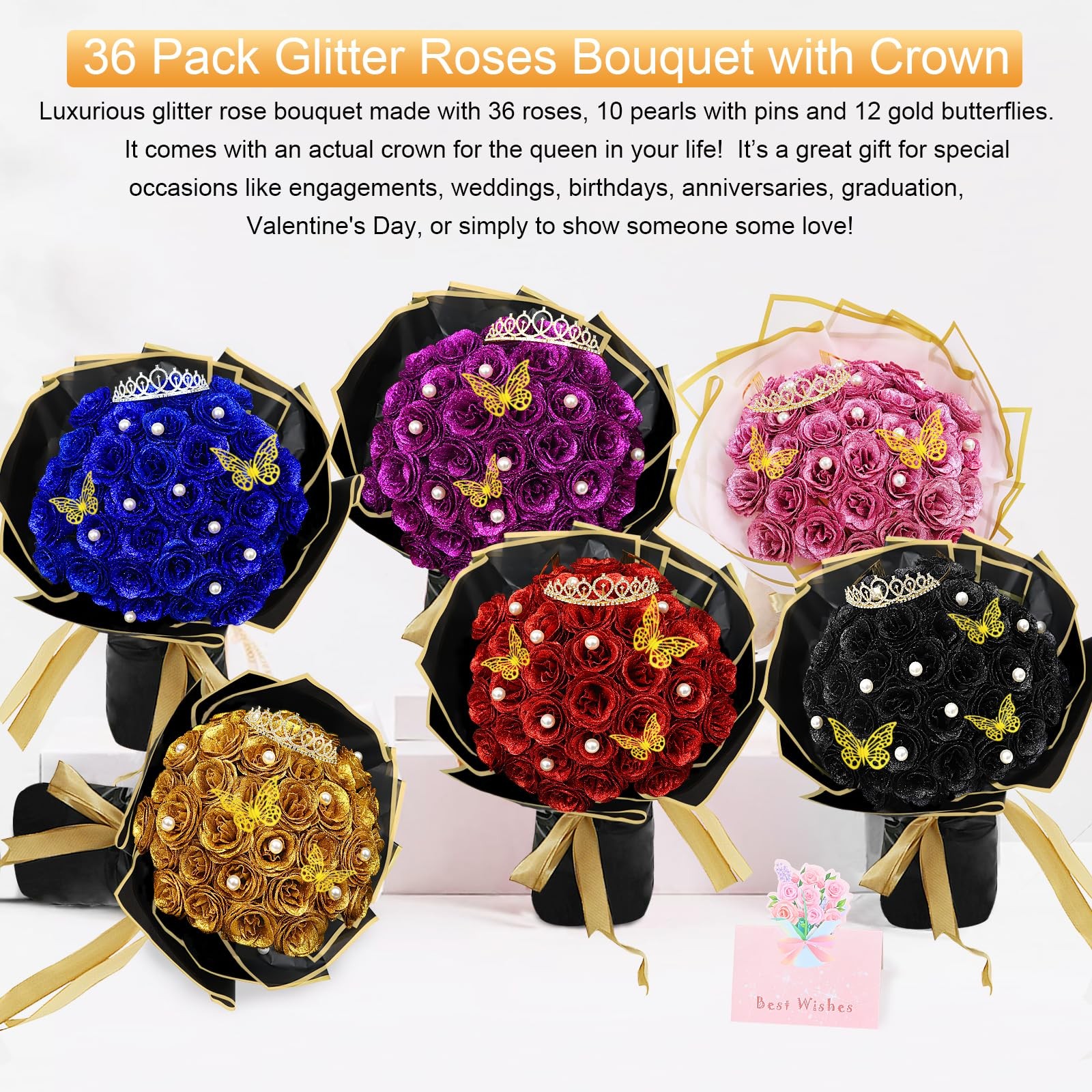 DIY Glitter Roses Bouquet Gold- 36 Pack Fake Shiny Flowers with Stems Eternal…