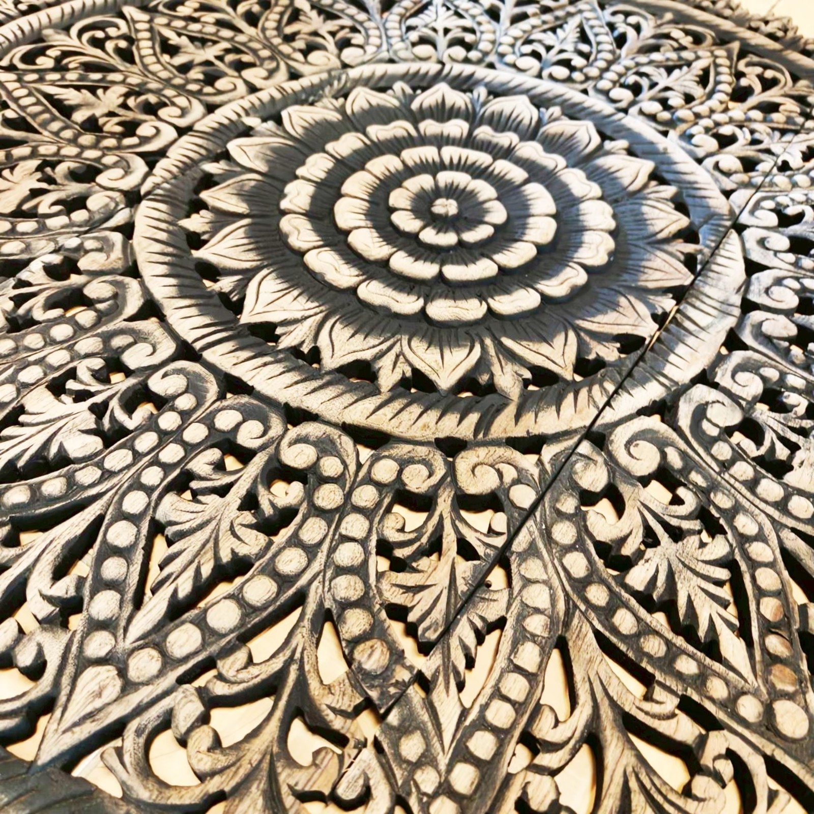 36″ Large Round Black Mandala Wood Carving Wall Art 3-Piece Set Office Decor